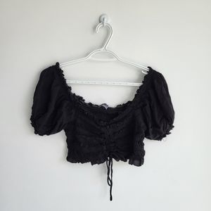 COTTON CANDY LA Black Cropped Drawstring Smocked Short Puff Sleeve Top
